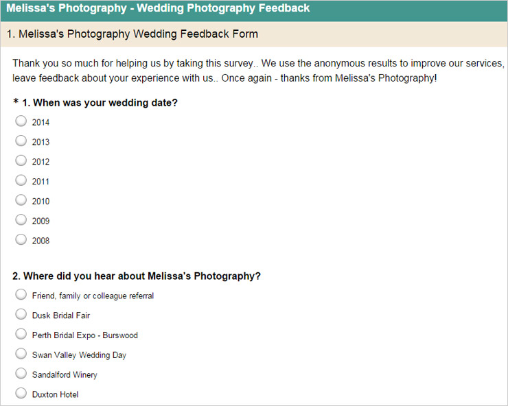 Melissa's photography example survey monkey